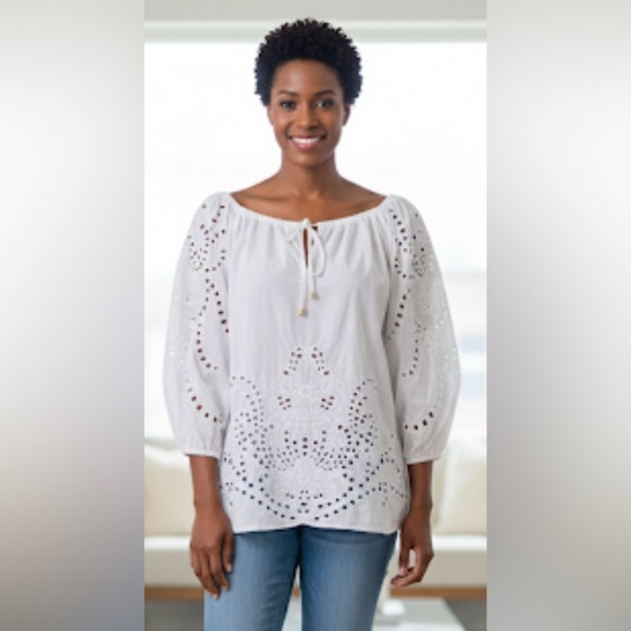 LAUREN by RALPH LAUREN White Boho Eyelet Lace Poet Peasant Blouse Small - Picture 1 of 6